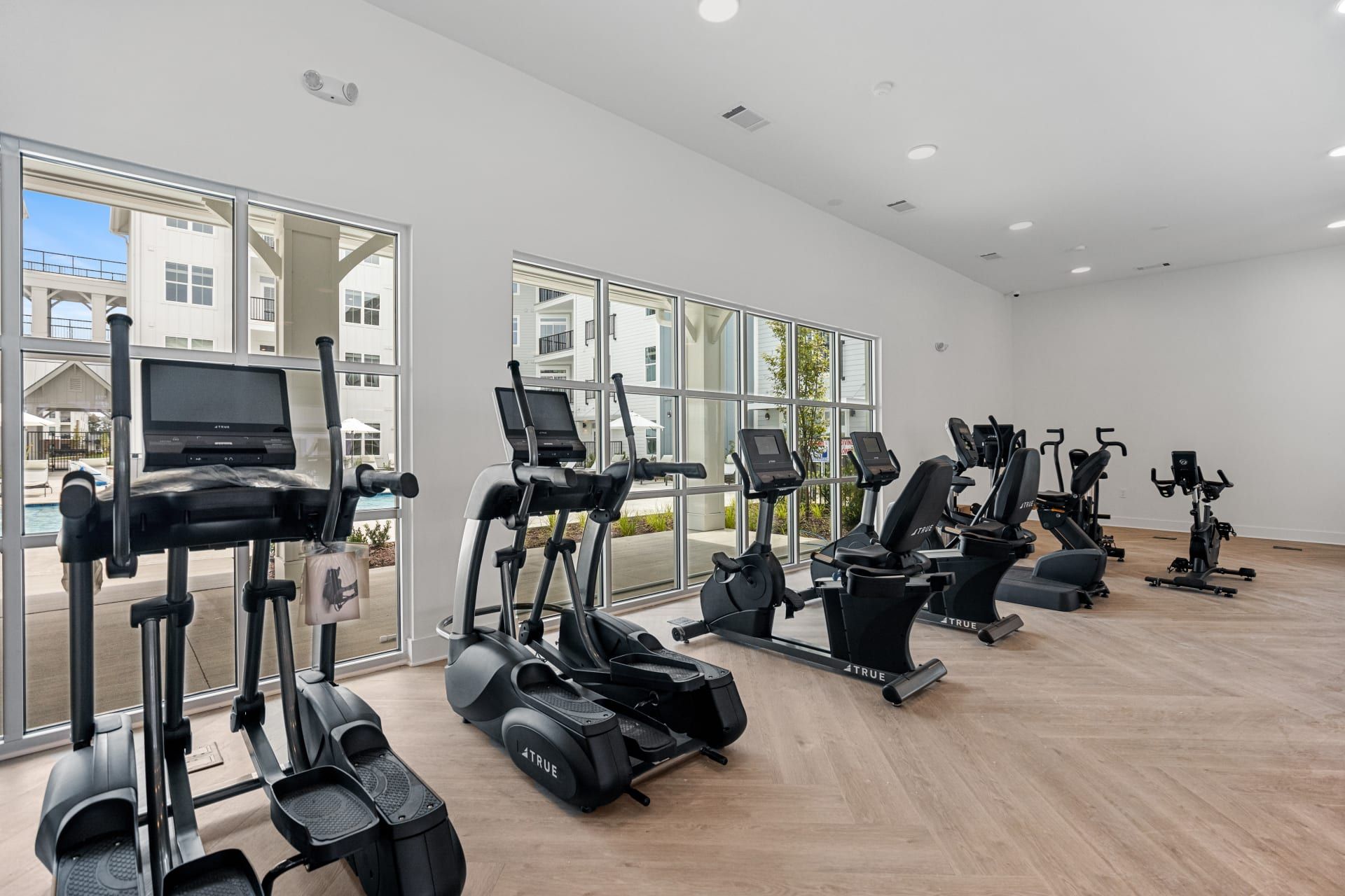 Modern gym with treadmills, ellipticals, and stationary bikes near large windows with outdoor views.